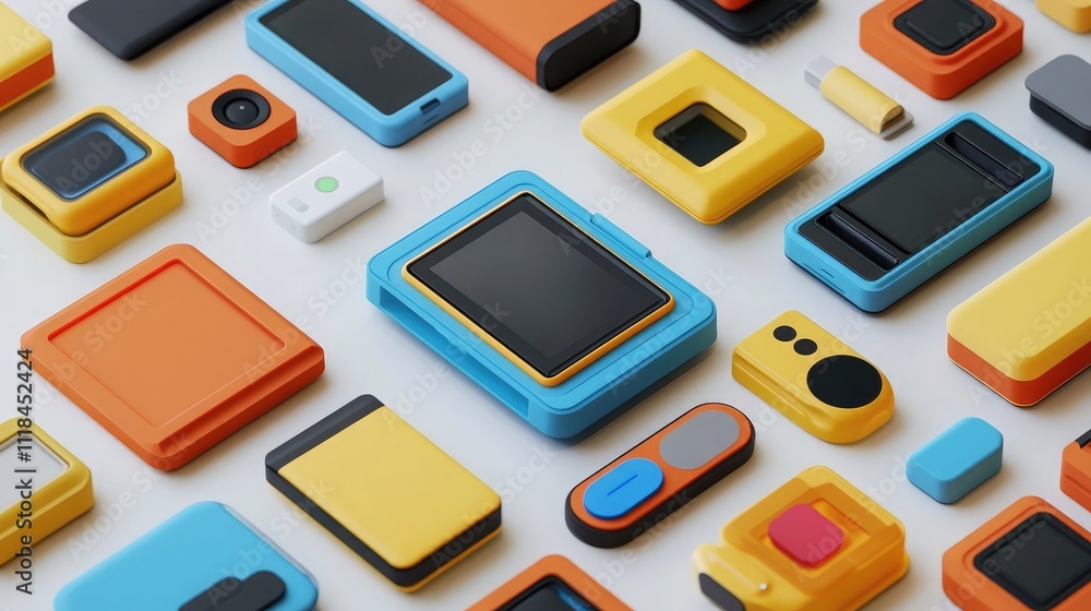 Poster a modular gadget with customizable features in a vibrant design
