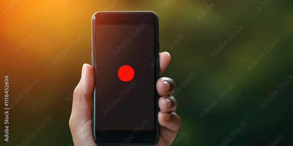 Aufkleber spam call phone report concept. hand holding a smartphone with a red recording button displayed.