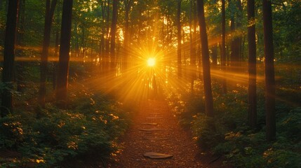 Sun rays through forest path at sunset.