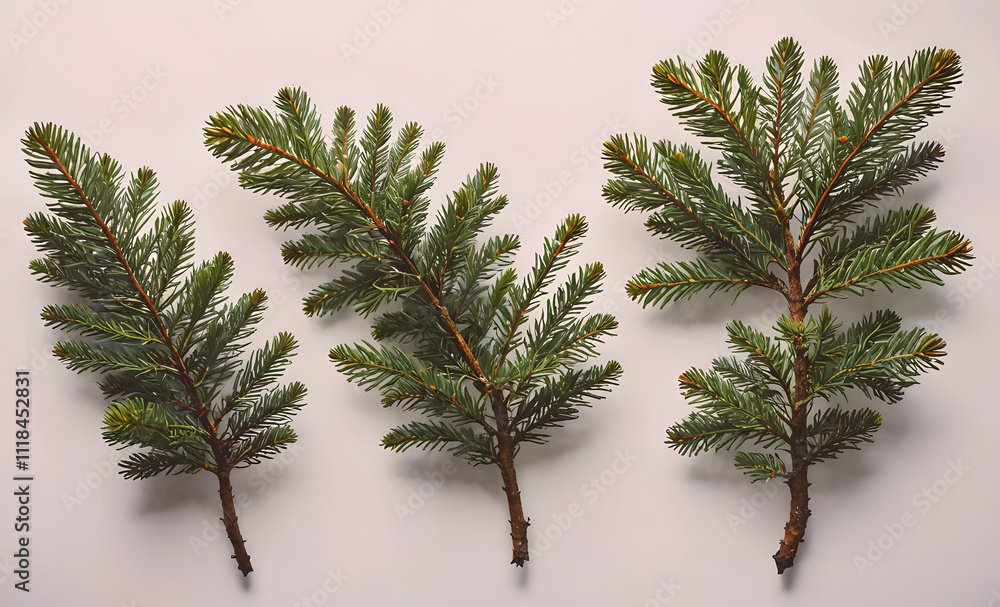 Poster three branches of pine trees are shown in a close up. the branches are green and have brown tips. co