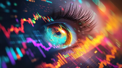 A close-up of an eye with vibrant colorful data visuals reflecting in the iris, symbolizing vision and insight into data analytics or financial markets.