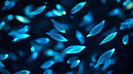 Glowing blue particles floating in dark space.