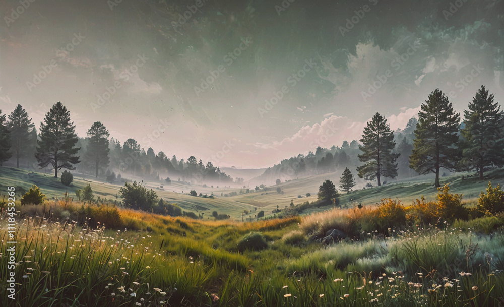 Leinwandbilder a field of grass with trees in the background. the sky is cloudy and the sun is setting