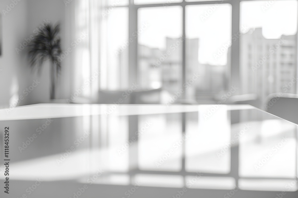Aufkleber a blurred view of a modern workspace with a reflective table and large windows.