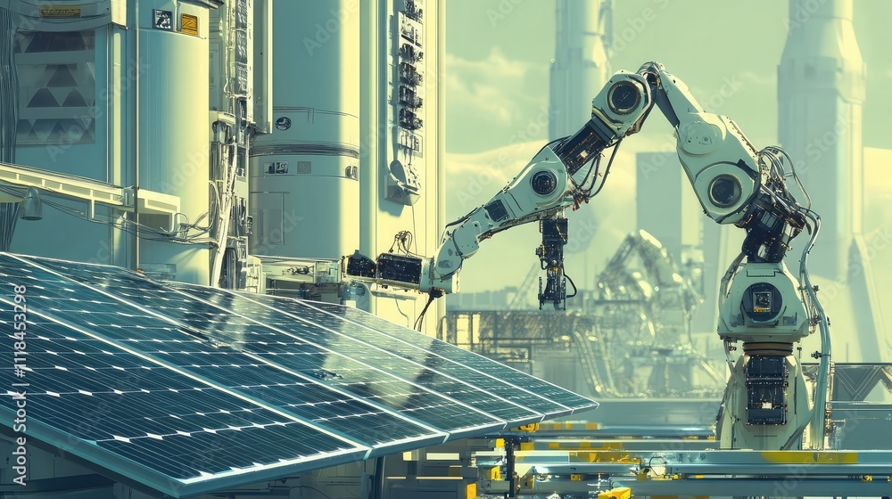 Poster a robotic system assembling solar panels in an automated factory