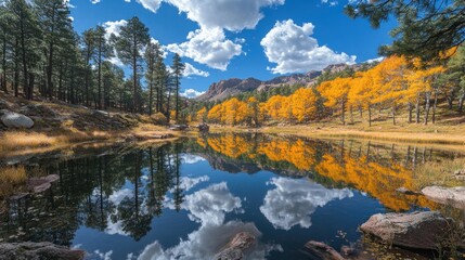 Calm lake reflecting autumn foliage and sky.