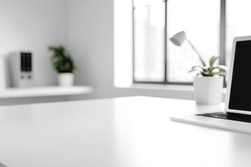 A minimalistic office space featuring a laptop and potted plants by a window.