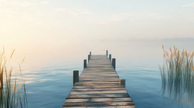 A rustic wooden pier extending out into a calm blue lake at sunrise