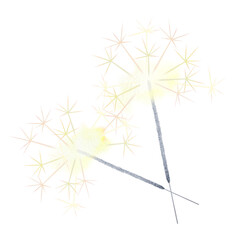 Watercolor hand drawn clipart of two lit sparklers with golden sparkling effects for holiday designs, celebrations, New Year, Christmas, weddings, Valentine's Day, birthdays or holiday themed project