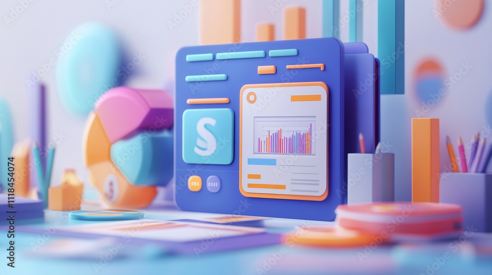 Poster concept of assembling a web development workplace around the background, an abstract representation 