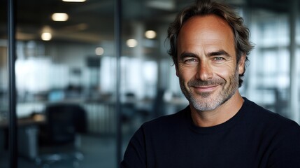 Obraz premium Professional setting with a man smiling confidently while standing in an office environment