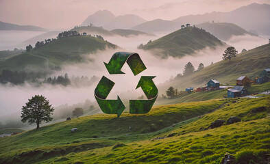 A green recycling symbol is placed in the middle of a lush green field. Concept of environmental consciousness and the importance of recycling. The serene and peaceful setting of the rolling hills