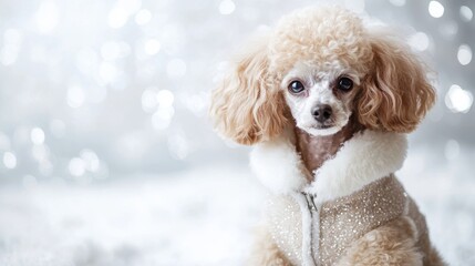 A small dog with a curly coat wears a stylish fur-lined coat while sitting elegantly against a backdrop of shimmering lights. The winter atmosphere adds a touch of charm