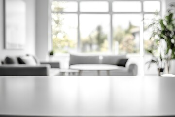 A blurred view of a modern living space with natural light and greenery.