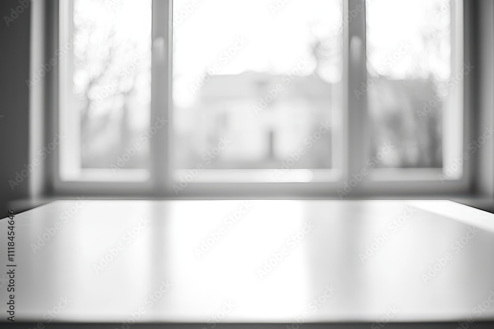 Aufkleber a blurred view through a window with a focus on a white table surface in the foreground.