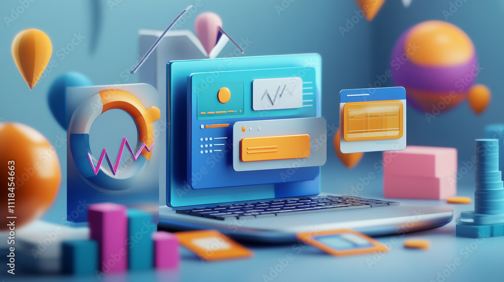 Poster concept of assembling a web development workplace around the background, an abstract representation 