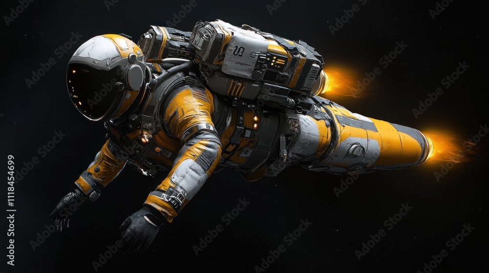 Poster astronaut in futuristic spacesuit with propulsion system flying through space.