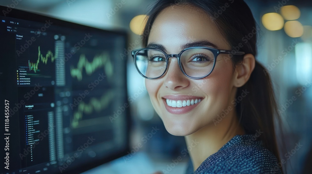 Poster woman with glasses grins while working on a data analysis project in a bright office environment