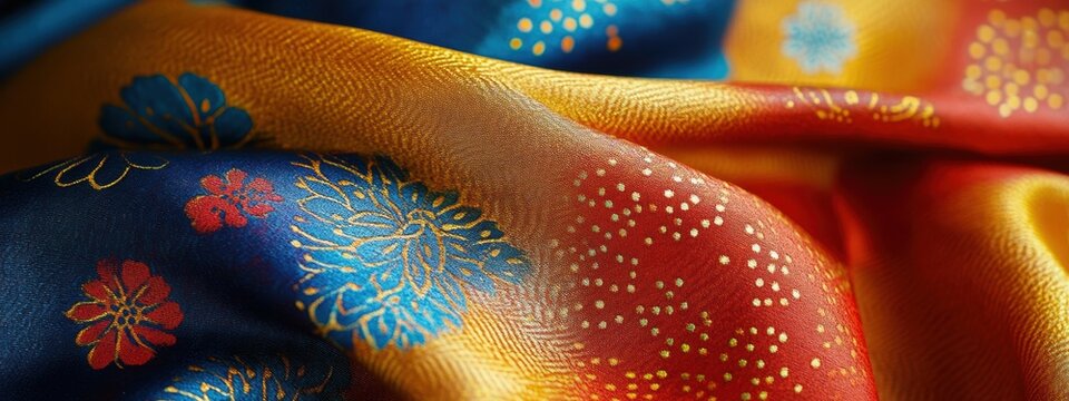 Luxurious Indonesian Batik Fabric Red Gold Blue Floral Textile Texture