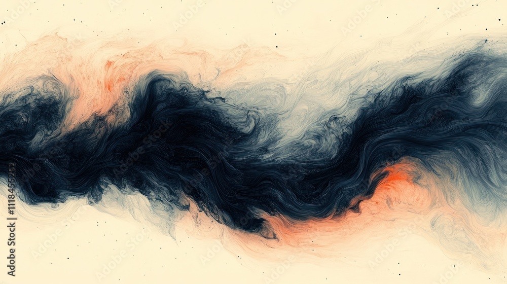 Poster swirls of dark hues blend with warm tones against a soft background, creating a mesmerizing visual e