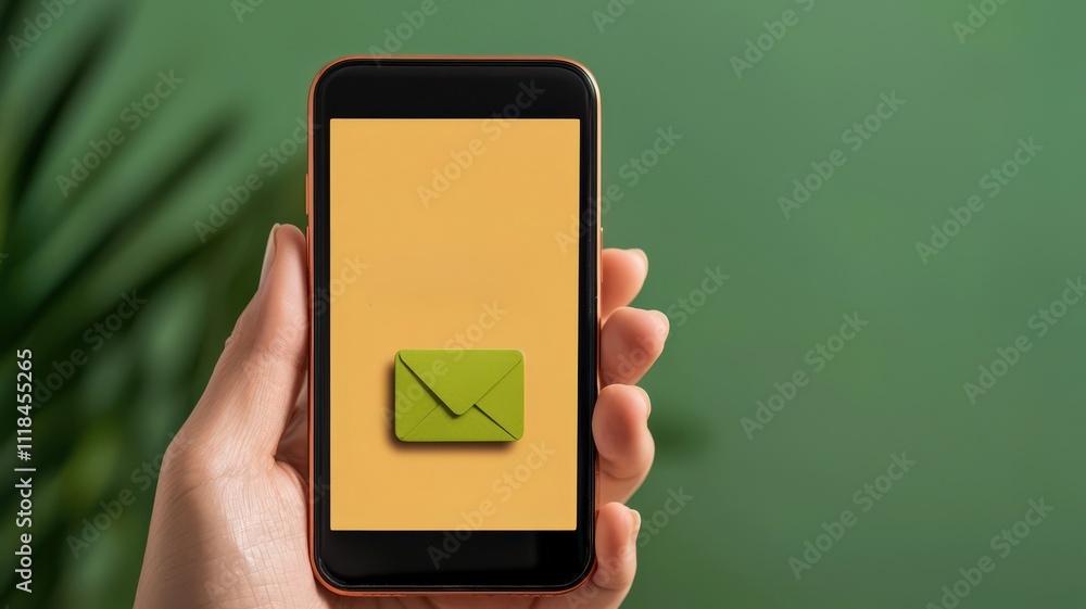 Poster spam call phone report concept. hand holding smartphone displaying an envelope icon on a colorful sc