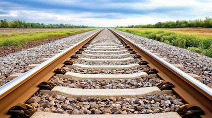 Naklejka premium Cobbled railway tracks extend endlessly into the distance, framed by green trees under an overcast sky, creating a tranquil yet haunting atmosphere