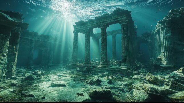 Sunbeams illuminate submerged ancient ruins. (1) - Powered by Adobe