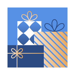 Holiday luxury gifts emblem.Hanukkah, Christmas, Happy New Year decor.Festive vector presents symbol in blue,gold and white colors.Holiday design for branding,emblems,invitations,prints,smm,covers