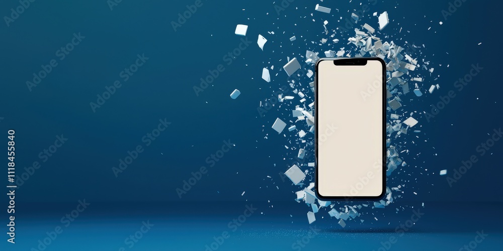 Aufkleber spam call phone report concept. smartphone surrounded by dynamic shards on a blue background.