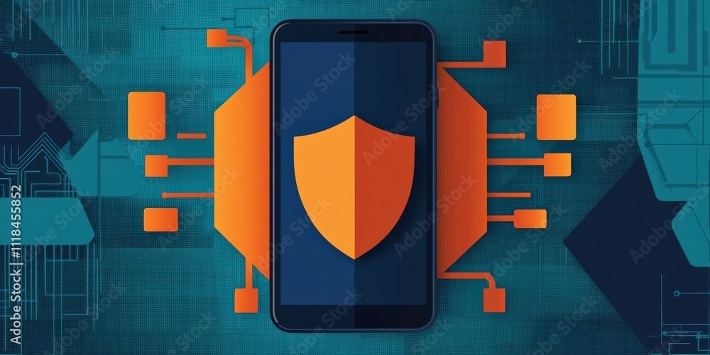 Poster spam call phone report concept. digital shield icon on smartphone representing cybersecurity protect