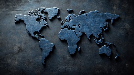 A world map is carved on a dark surface, highlighting countries and continents in a minimalist style