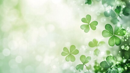A tranquil and sophisticated St. Patrick's Day background with a soft white canvas, decorated with subtle green clover patterns and glowing details