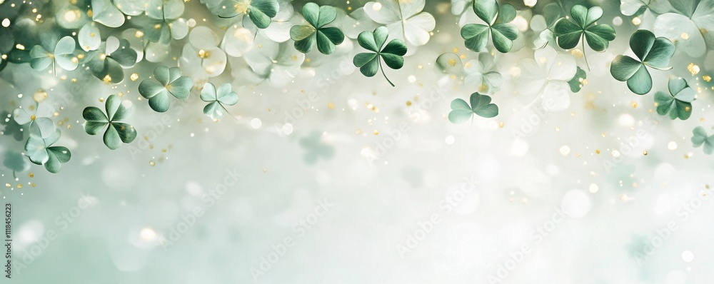 Poster patrick's day background with soft green and white tones, featuring delicate shamrocks and subtle go