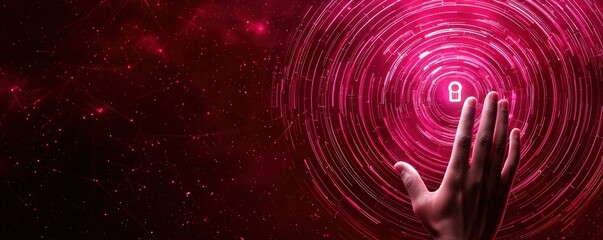 spam call phone report concept. A hand reaching towards a glowing digital lock in a cosmic background.