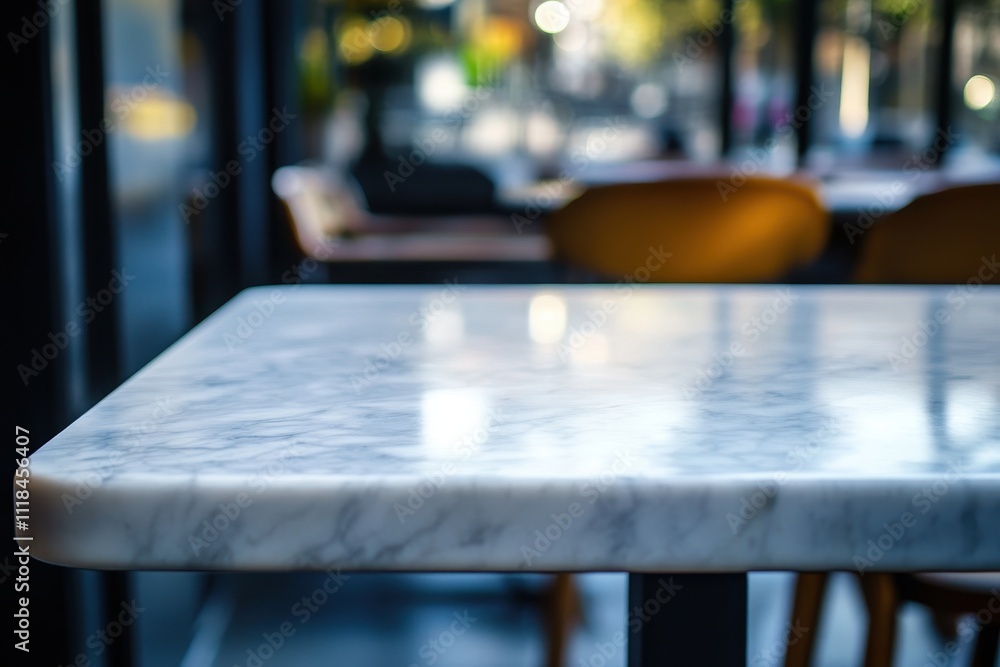 Poster a close-up of a marble table in a modern caf? setting.