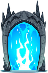 Magic portal door, fantasy stone arch or gate game asset. Vector mysterious, witchcraft or time travel teleport entry with blue plasma energy. Ancient doorway framed by dark rocky arc emits soft glow © Vector Tradition