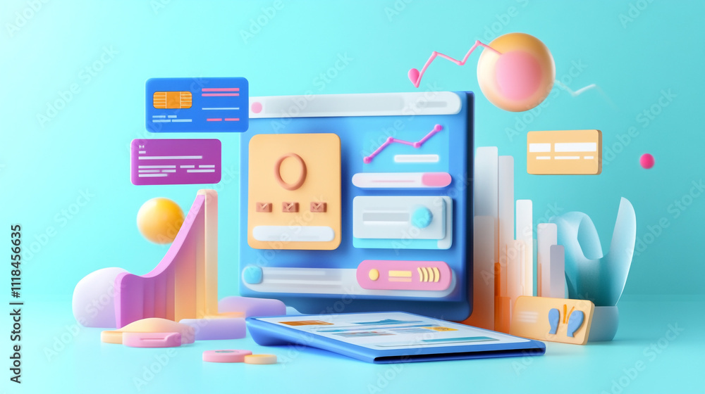 Poster concept of assembling a web development workplace around the background, an abstract representation 