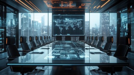 A modern, high-tech conference room featuring a large glass table, ergonomic chairs, and a panoramic view of a futuristic city skyline.