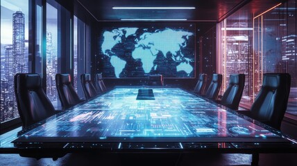 A sleek, futuristic conference room featuring a digital world map and a high-tech table, ideal for business meetings and presentations.