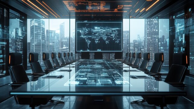A modern, high-tech conference room featuring a large glass table, ergonomic chairs, and a panoramic view of a futuristic city skyline.