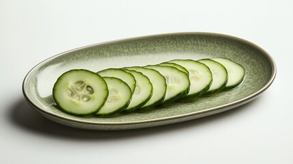 Fresh cucumber slices arranged on a green ceramic plate.