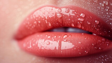 Close-up of dewy red lips with water droplets highlighting glossy texture