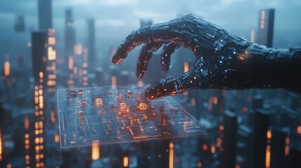 A futuristic robotic hand interacts with a glowing, transparent panel amidst a cyberpunk cityscape, showcasing advanced technology and neon lights.