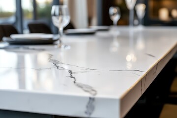 Obraz premium A close-up of a marble countertop with elegant glassware set for dining.