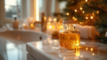 Cozy bathroom spa setting with candlelight and essential oils on a winter evening