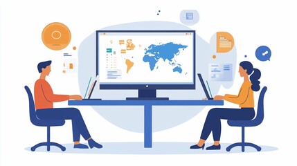 Fototapeta premium Two people working with laptops and a world map on a screen.