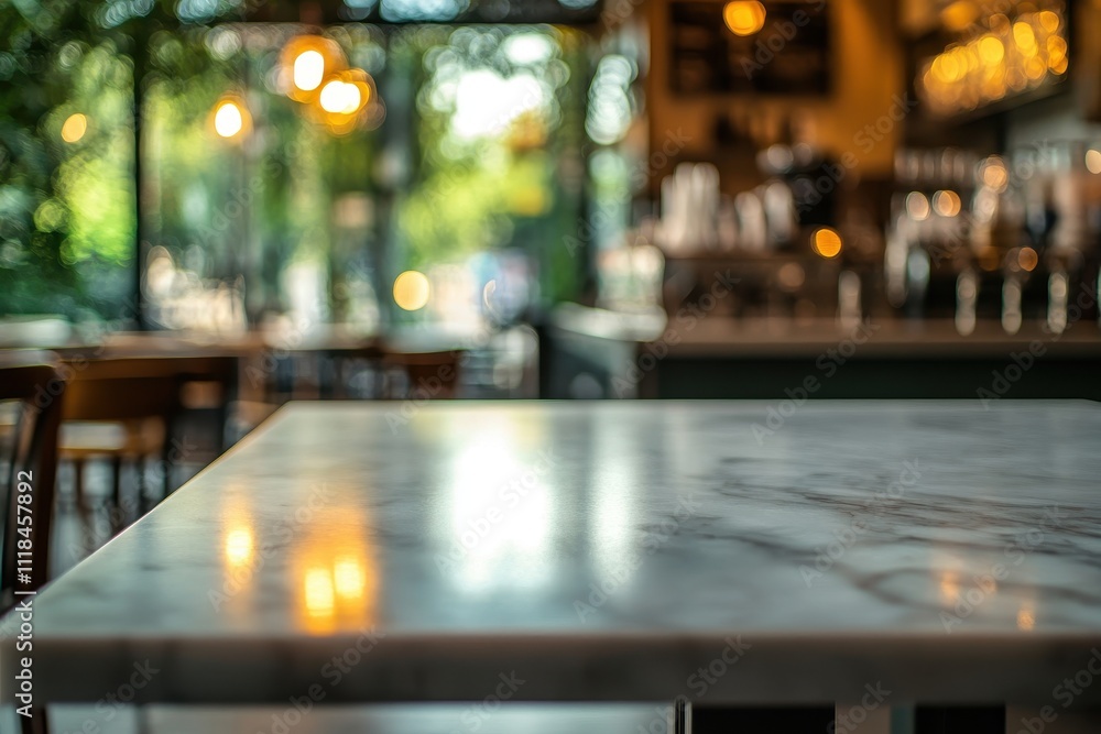 Poster a blurred view of a marble table in a cozy caf? setting with warm lighting.