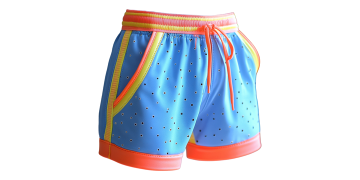 Colorful blue shorts with orange and yellow accents isolated on transparent background