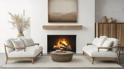 Scandinavian Interior Design with White Sofas and Art Poster