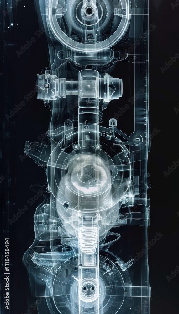 Poster x-ray of complex mechanical part revealing defects and structural integrity for engineering analysis